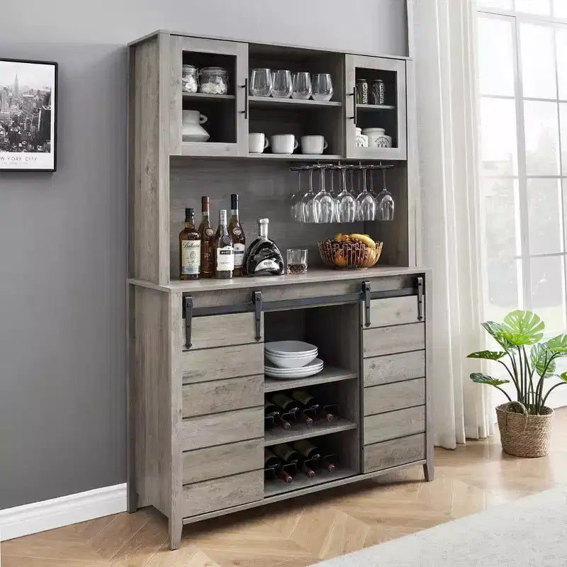 Meuble de bar à café et cave à vin de style ferme de 70 pouces avec portes coulissantes de grange, buffet de cuisine avec étagère à vin et porte-verres, meuble de rangement de garde-manger