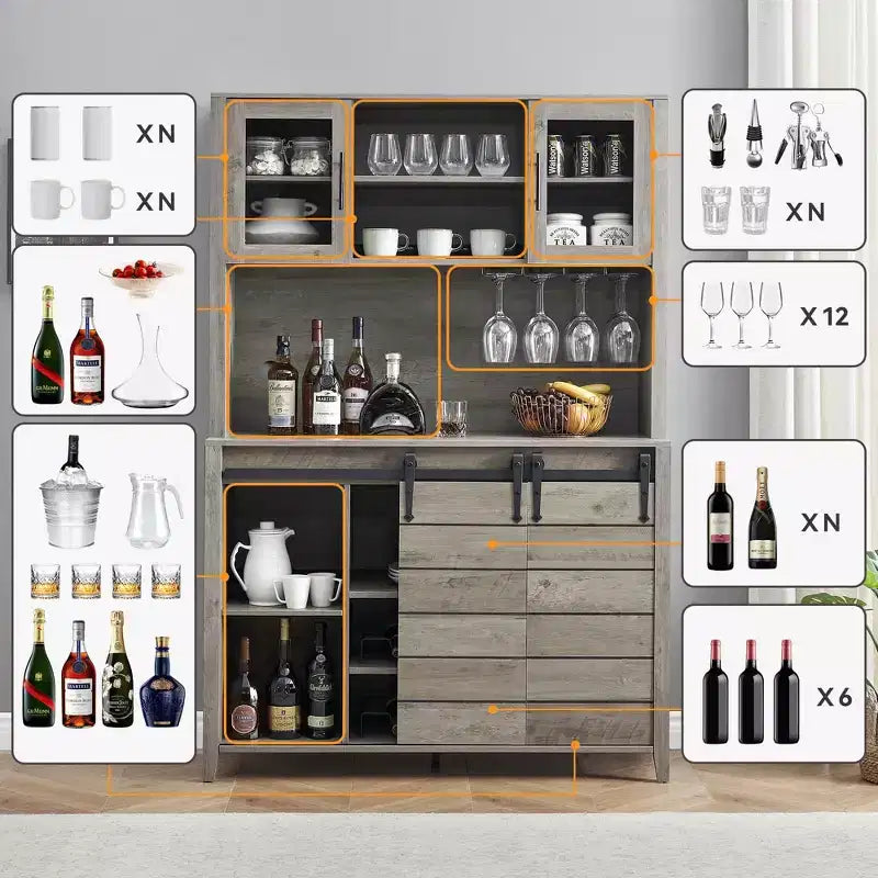 Meuble de bar à café et cave à vin de style ferme de 70 pouces avec portes coulissantes de grange, buffet de cuisine avec étagère à vin et porte-verres, meuble de rangement de garde-manger