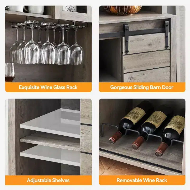 Meuble de bar à café et cave à vin de style ferme de 70 pouces avec portes coulissantes de grange, buffet de cuisine avec étagère à vin et porte-verres, meuble de rangement de garde-manger