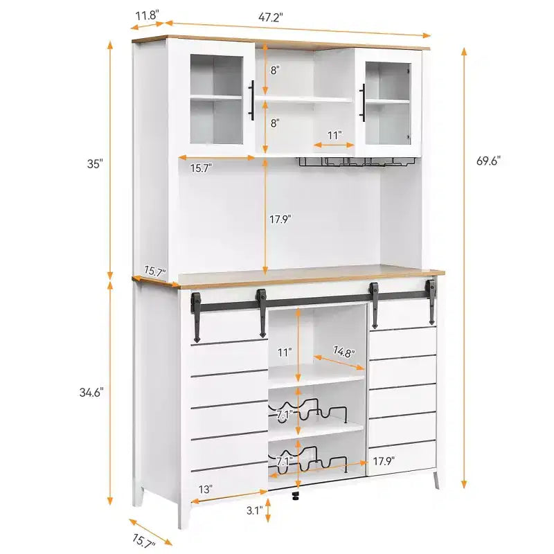 Meuble de bar à café et cave à vin de style ferme de 70 pouces avec portes coulissantes de grange, buffet de cuisine avec étagère à vin et porte-verres, meuble de rangement de garde-manger
