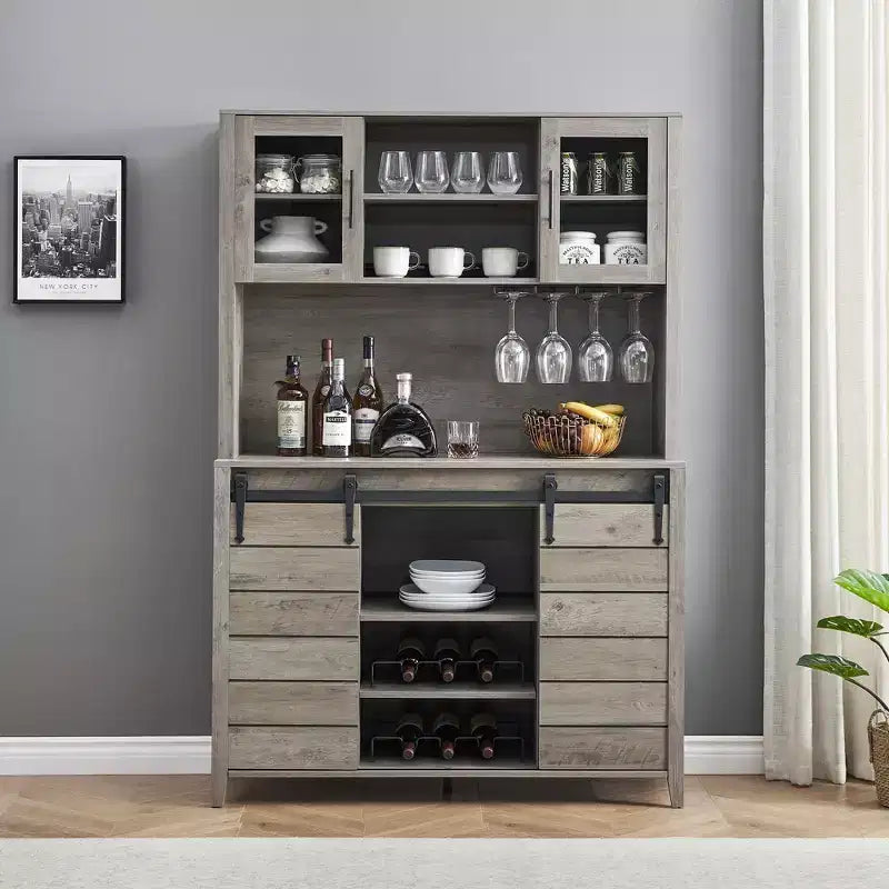 70 Farmhouse Coffee Bar Wine Cabinet with Sliding Barn Doors and Storage, Tall Kitchen Hutch with Wine & Glasses Rack, Pantry Cabinet for Dining Room