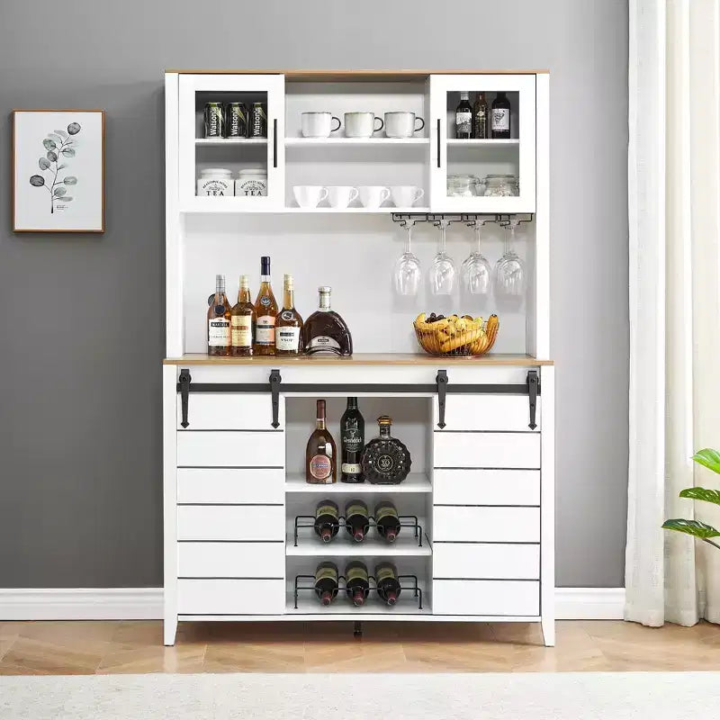 Meuble de bar à café et cave à vin de style ferme de 70 pouces avec portes coulissantes de grange, buffet de cuisine avec étagère à vin et porte-verres, meuble de rangement de garde-manger