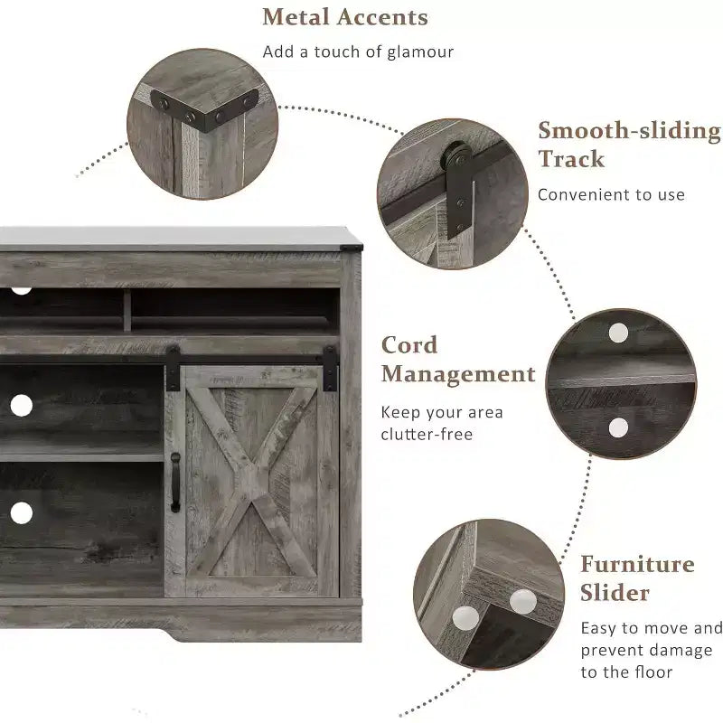 Meuble TV de style rustique avec portes coulissantes façon grange, pour téléviseurs jusqu'à 65 pouces, hauteur 86 cm, avec placard de rangement