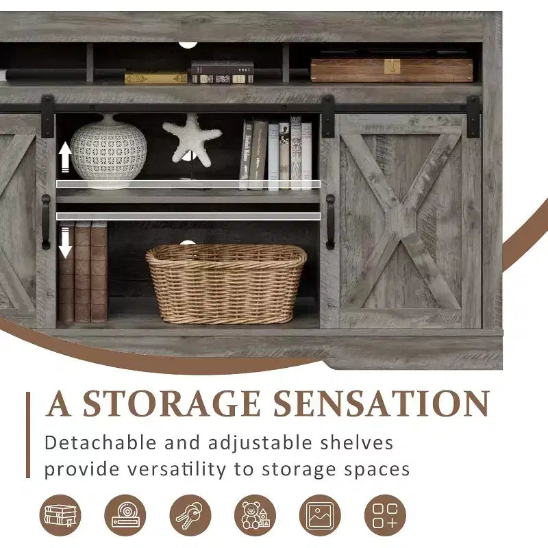 Meuble TV de style rustique avec portes coulissantes façon grange, pour téléviseurs jusqu'à 65 pouces, hauteur 86 cm, avec placard de rangement