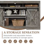 Meuble TV de style rustique avec portes coulissantes façon grange, pour téléviseurs jusqu'à 65 pouces, hauteur 86 cm, avec placard de rangement
