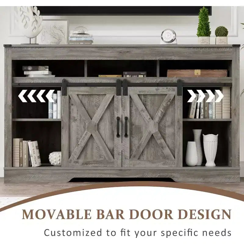 Meuble TV de style rustique avec portes coulissantes façon grange, pour téléviseurs jusqu'à 65 pouces, hauteur 86 cm, avec placard de rangement