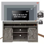 Meuble TV de style rustique avec portes coulissantes façon grange, pour téléviseurs jusqu'à 65 pouces, hauteur 86 cm, avec placard de rangement