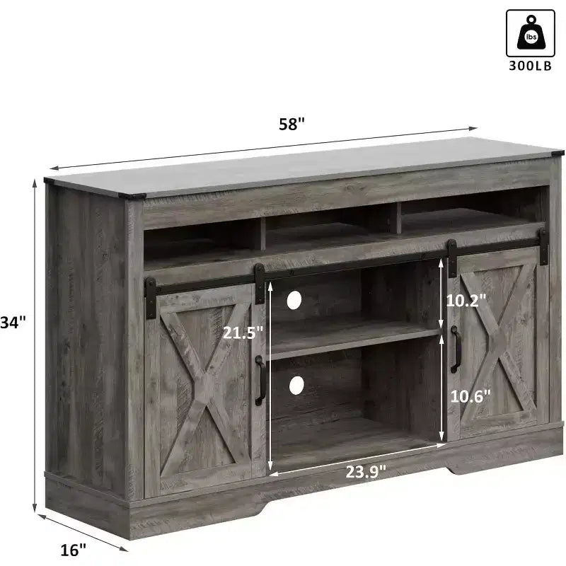 Meuble TV de style rustique avec portes coulissantes façon grange, pour téléviseurs jusqu'à 65 pouces, hauteur 86 cm, avec placard de rangement