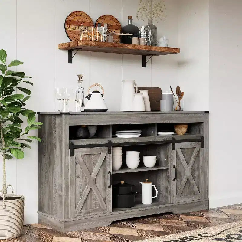 Meuble TV de style rustique avec portes coulissantes façon grange, pour téléviseurs jusqu'à 65 pouces, hauteur 86 cm, avec placard de rangement