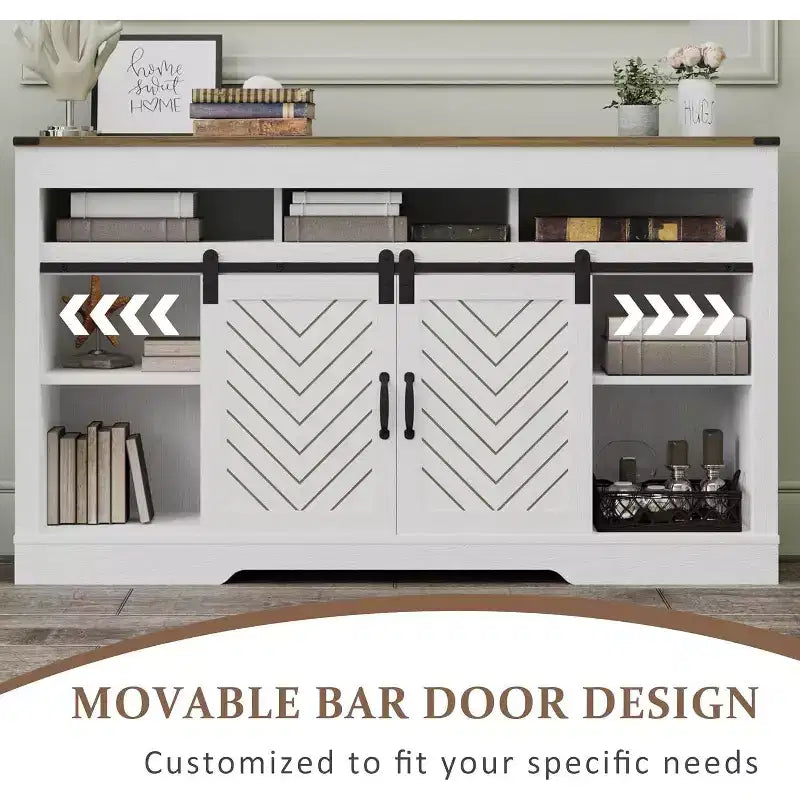 Meuble TV de style rustique avec portes coulissantes façon grange, pour téléviseurs jusqu'à 65 pouces, hauteur 86 cm, avec placard de rangement