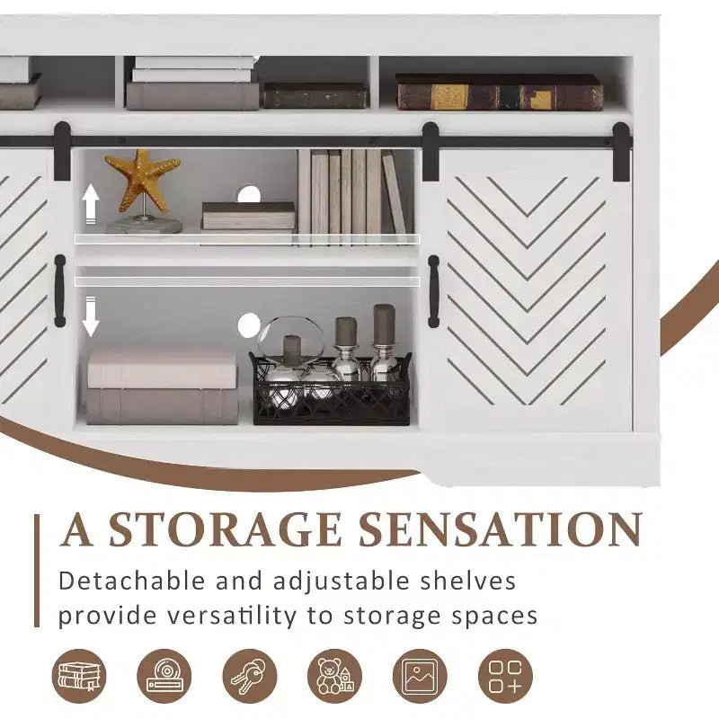Meuble TV de style rustique avec portes coulissantes façon grange, pour téléviseurs jusqu'à 65 pouces, hauteur 86 cm, avec placard de rangement