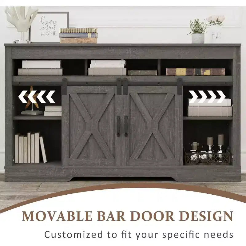 Meuble TV de style rustique avec portes coulissantes façon grange, pour téléviseurs jusqu'à 65 pouces, hauteur 86 cm, avec placard de rangement