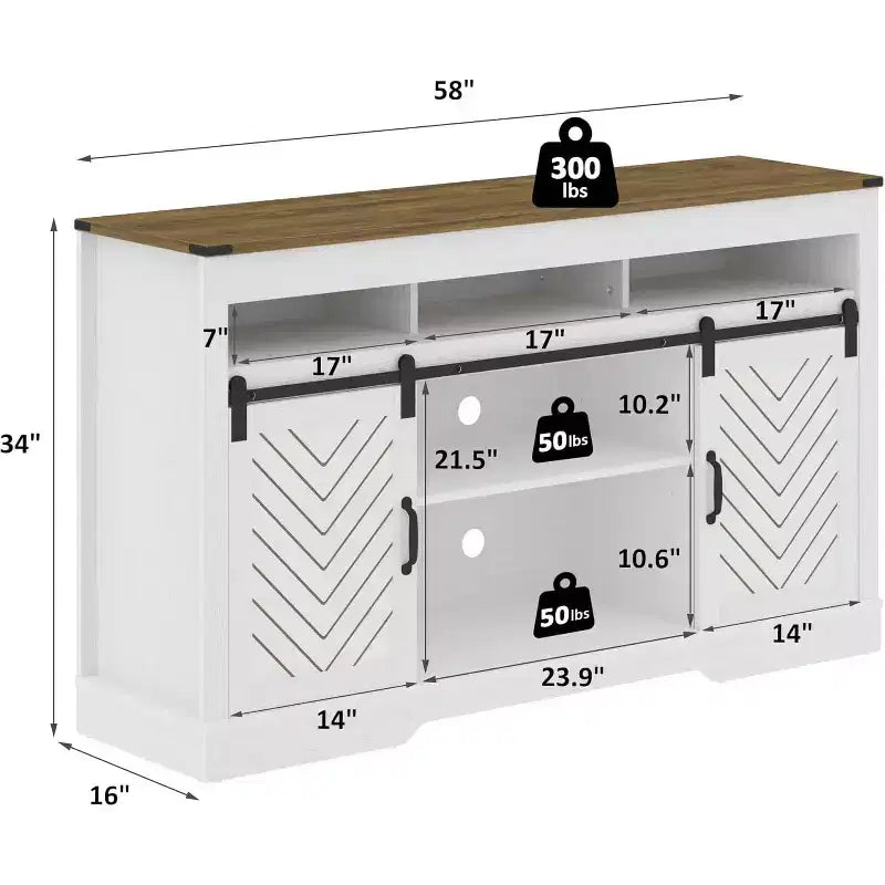 Meuble TV de style rustique avec portes coulissantes façon grange, pour téléviseurs jusqu'à 65 pouces, hauteur 86 cm, avec placard de rangement