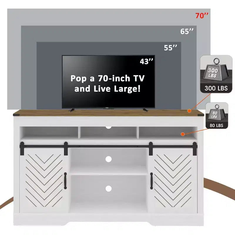 Meuble TV de style rustique avec portes coulissantes façon grange, pour téléviseurs jusqu'à 65 pouces, hauteur 86 cm, avec placard de rangement