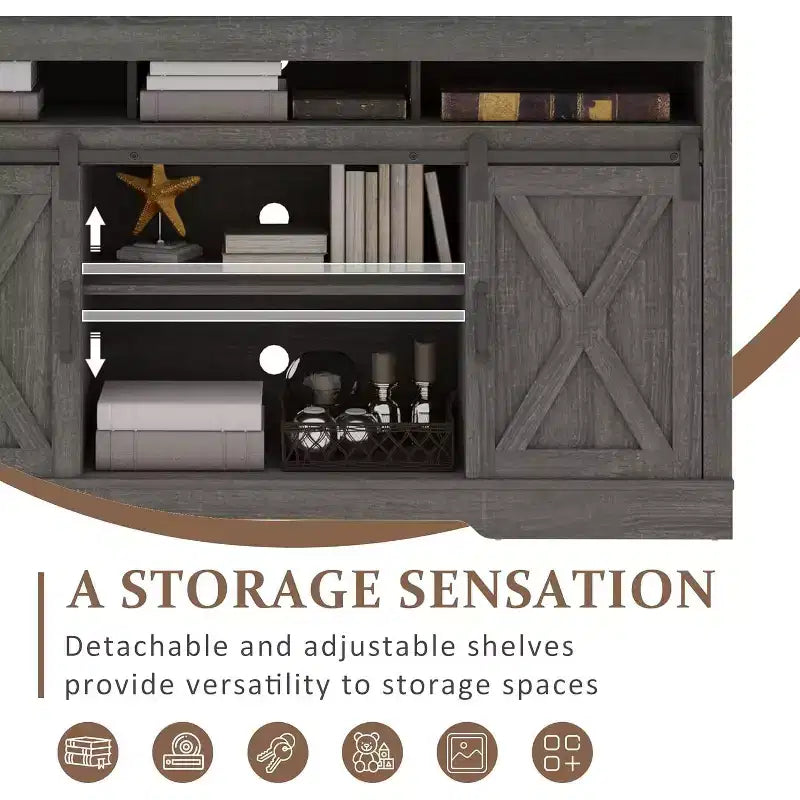 Meuble TV de style rustique avec portes coulissantes façon grange, pour téléviseurs jusqu'à 65 pouces, hauteur 86 cm, avec placard de rangement