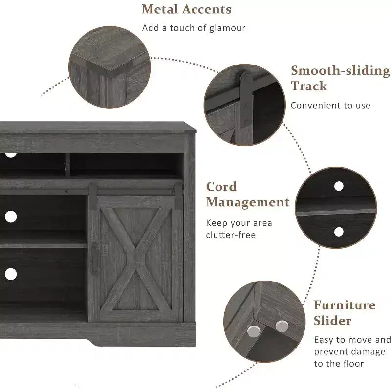 Meuble TV de style rustique avec portes coulissantes façon grange, pour téléviseurs jusqu'à 65 pouces, hauteur 86 cm, avec placard de rangement