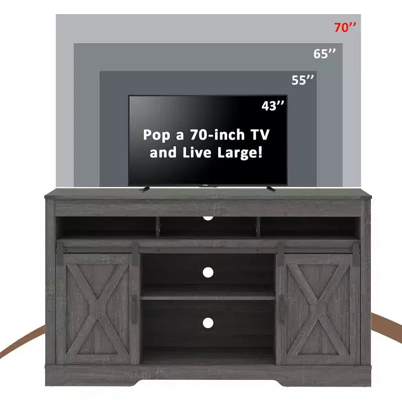 Meuble TV de style rustique avec portes coulissantes façon grange, pour téléviseurs jusqu'à 65 pouces, hauteur 86 cm, avec placard de rangement