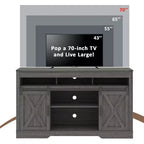 Meuble TV de style rustique avec portes coulissantes façon grange, pour téléviseurs jusqu'à 65 pouces, hauteur 86 cm, avec placard de rangement