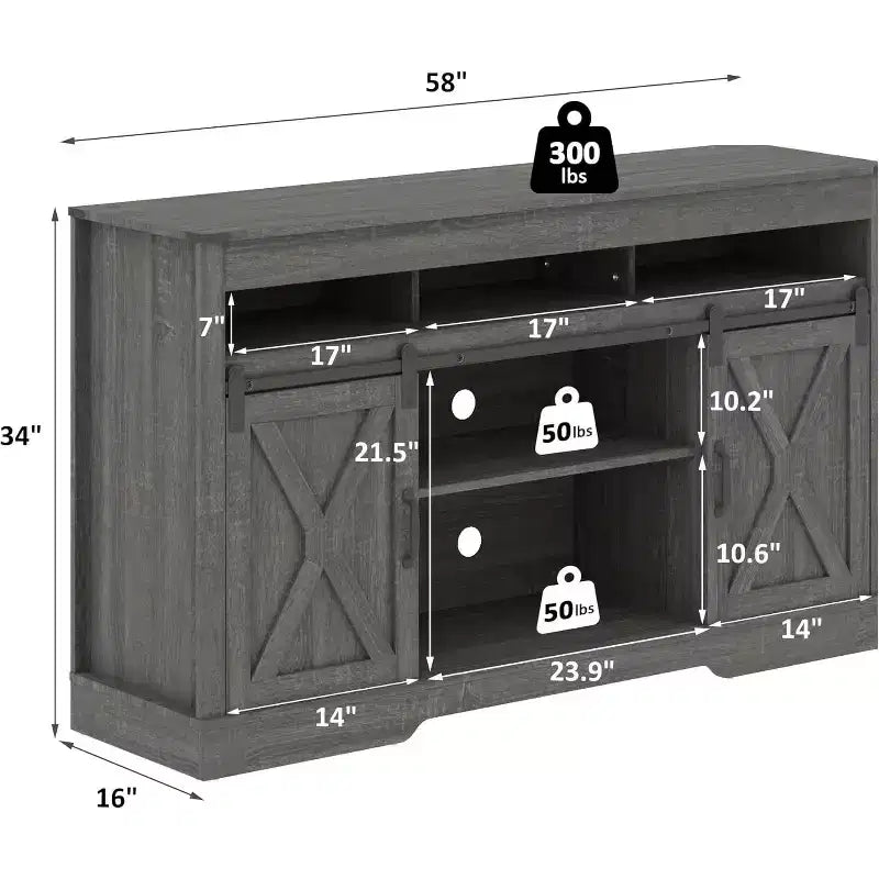 Meuble TV de style rustique avec portes coulissantes façon grange, pour téléviseurs jusqu'à 65 pouces, hauteur 86 cm, avec placard de rangement