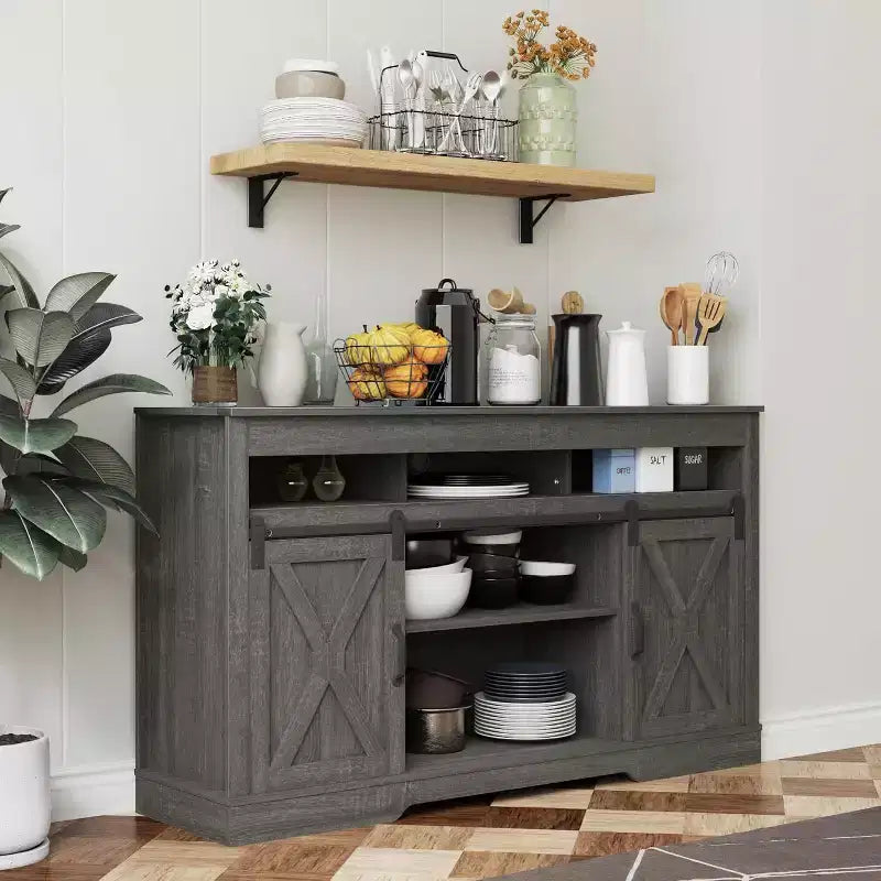 Meuble TV de style rustique avec portes coulissantes façon grange, pour téléviseurs jusqu'à 65 pouces, hauteur 86 cm, avec placard de rangement