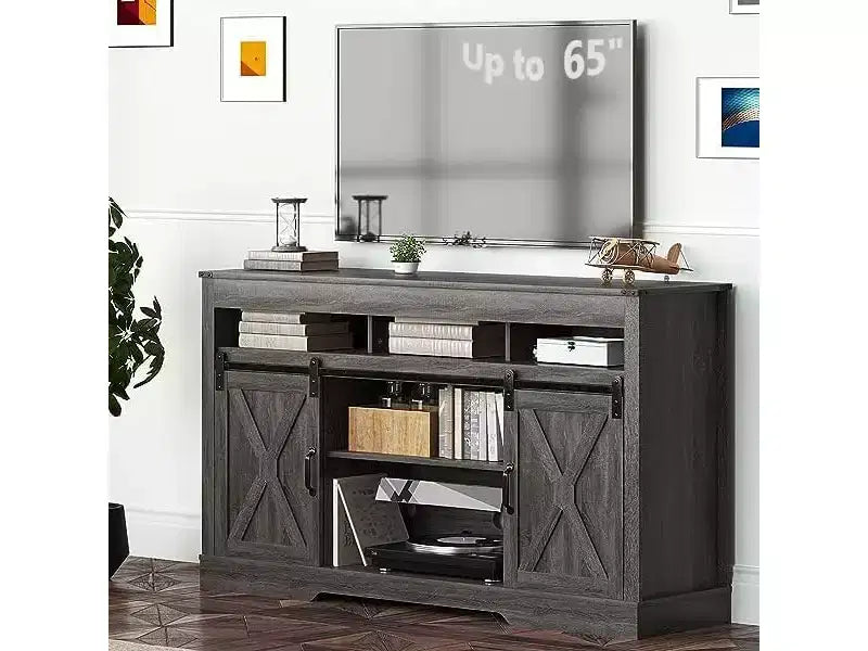Heynemo Farmhouse TV Stand with Sliding Barn Door for TVs up to 65+ Inch, 34 Tall Entertainment Center, Wood Media Console Storage Cabinet