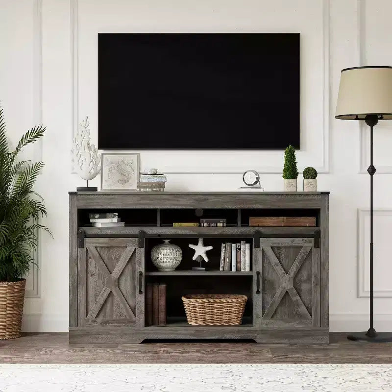 Meuble TV de style rustique avec portes coulissantes façon grange, pour téléviseurs jusqu'à 65 pouces, hauteur 86 cm, avec placard de rangement