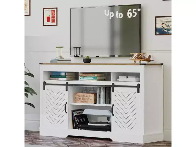 Meuble TV de style rustique avec portes coulissantes façon grange, pour téléviseurs jusqu'à 65 pouces, hauteur 86 cm, avec placard de rangement