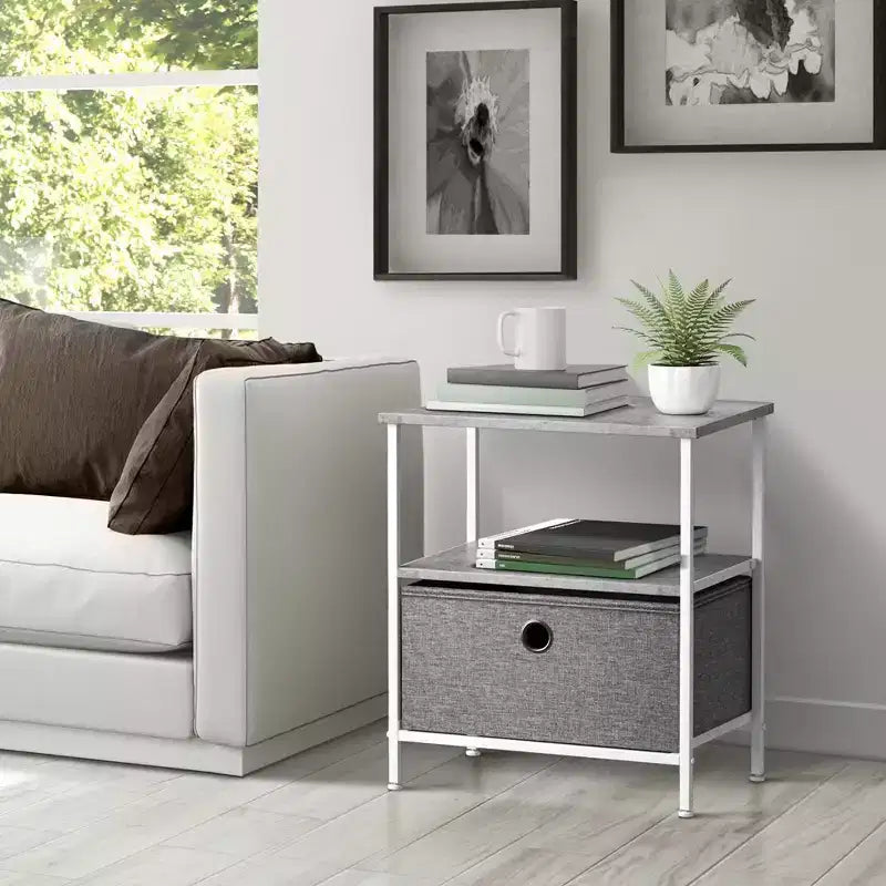 Table de chevet à 1 tiroir avec étagère ouverte et bac en tissu