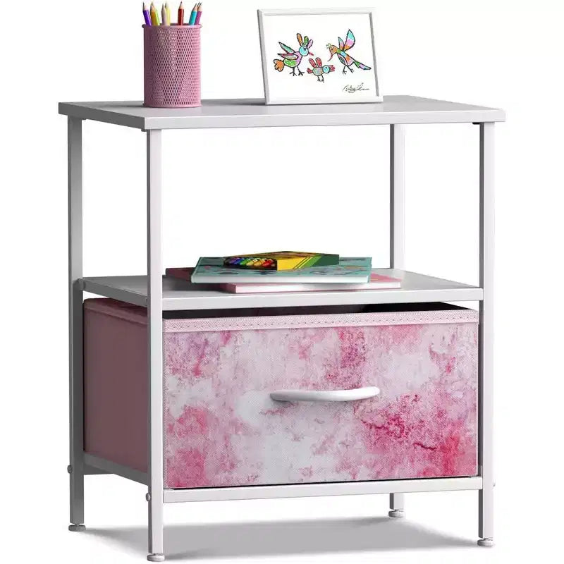 Table de chevet à 1 tiroir avec étagère ouverte et bac en tissu