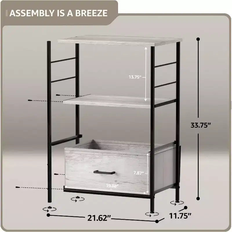 Table de chevet à 2 tiroirs avec étagère, cadre en acier, plateau en bois et bacs de rangement en tissu