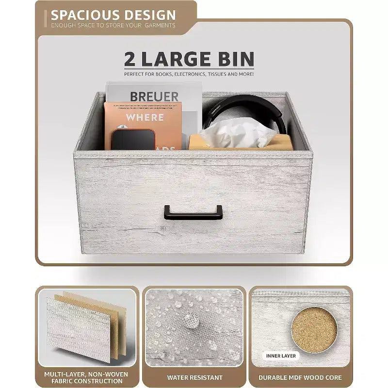 Table de chevet à 2 tiroirs avec étagère, cadre en acier, plateau en bois et bacs de rangement en tissu
