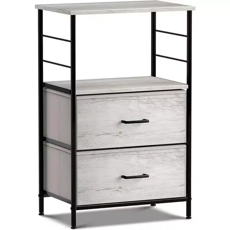 Table de chevet à 2 tiroirs avec étagère, cadre en acier, plateau en bois et bacs de rangement en tissu