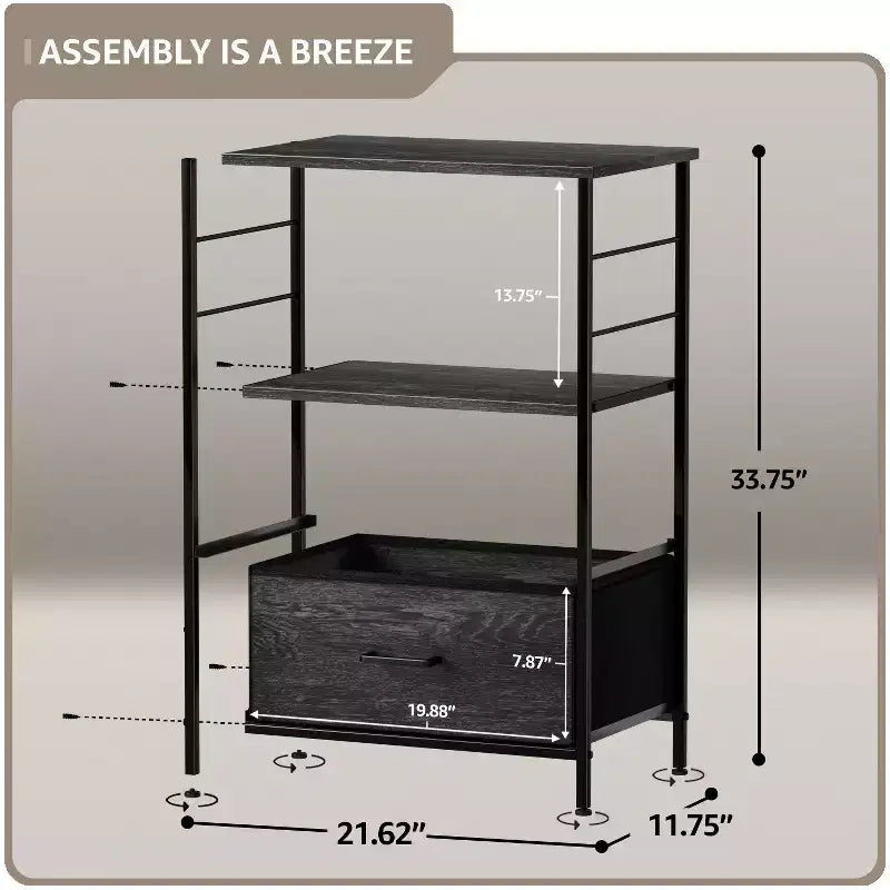 Table de chevet à 2 tiroirs avec étagère, cadre en acier, plateau en bois et bacs de rangement en tissu