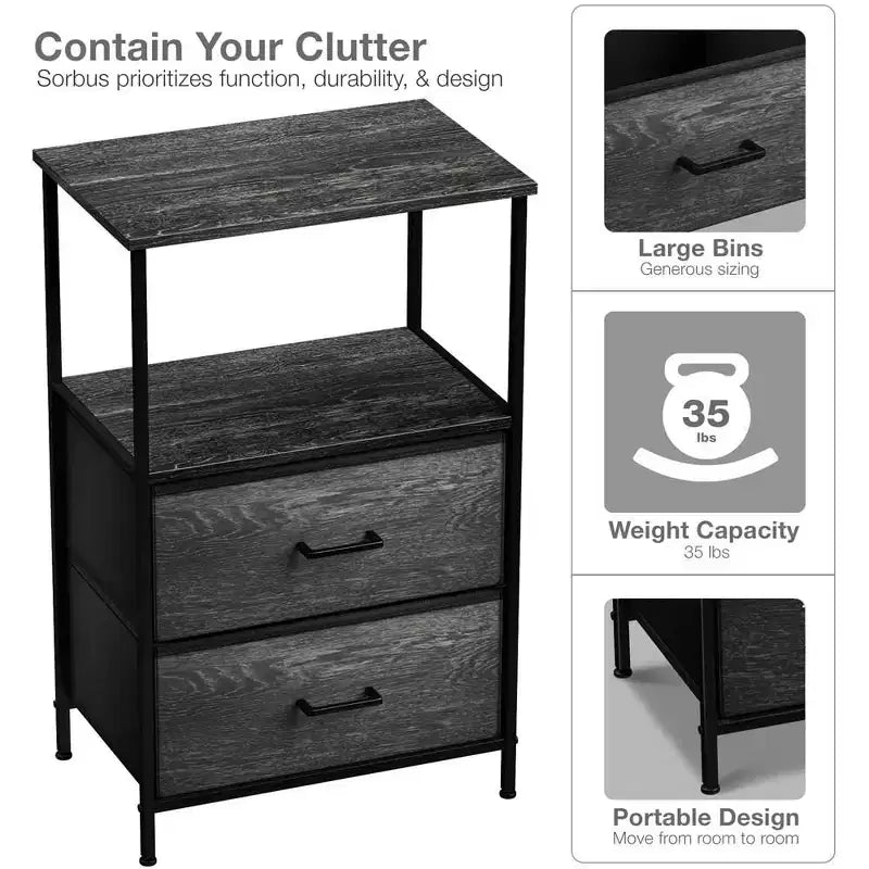 Table de chevet à 2 tiroirs avec étagère, cadre en acier, plateau en bois et bacs de rangement en tissu