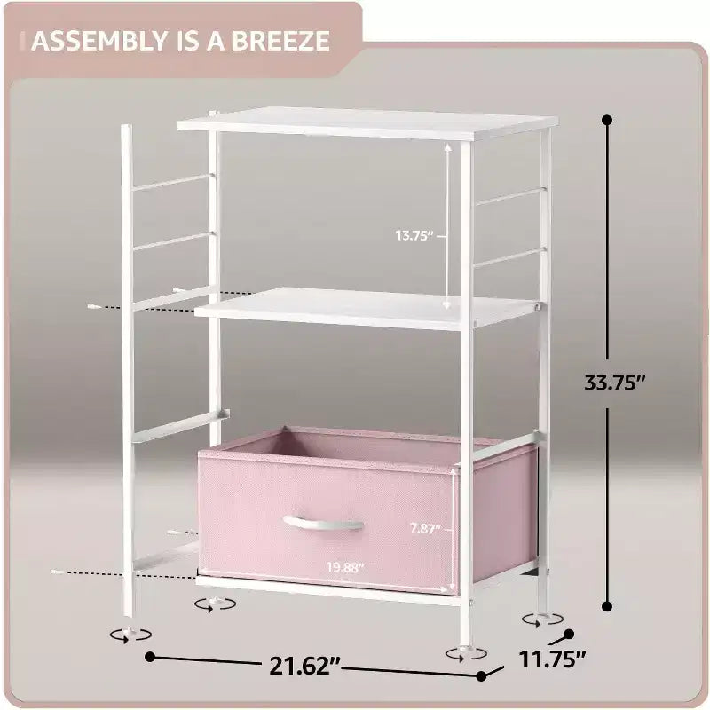 Table de chevet à 2 tiroirs avec étagère, cadre en acier, plateau en bois et bacs de rangement en tissu