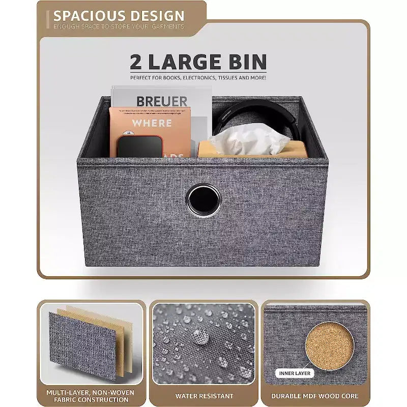Table de chevet à 2 tiroirs avec étagère, cadre en acier, plateau en bois et bacs de rangement en tissu