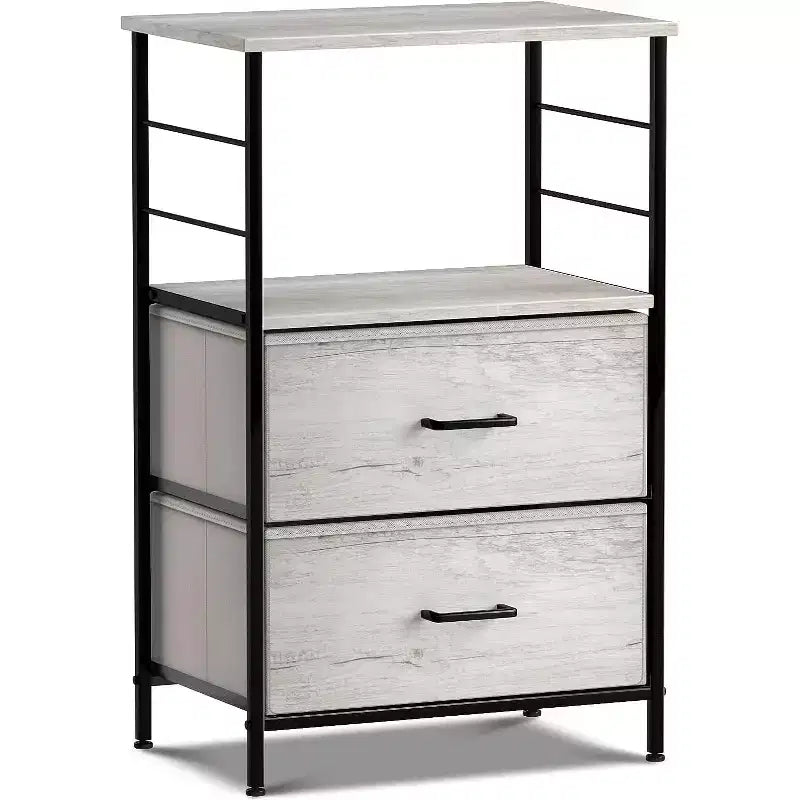 Table de chevet à 2 tiroirs avec étagère, cadre en acier, plateau en bois et bacs de rangement en tissu