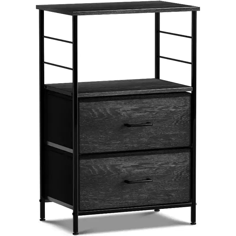 Table de chevet à 2 tiroirs avec étagère, cadre en acier, plateau en bois et bacs de rangement en tissu