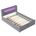 Lit plateforme Queen size avec lit gigogne, 2 tiroirs de rangement et tête de lit LED