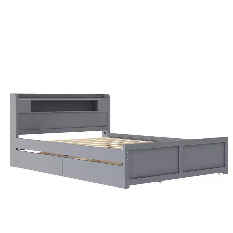 Lit plateforme Queen size avec lit gigogne, 2 tiroirs de rangement et tête de lit LED