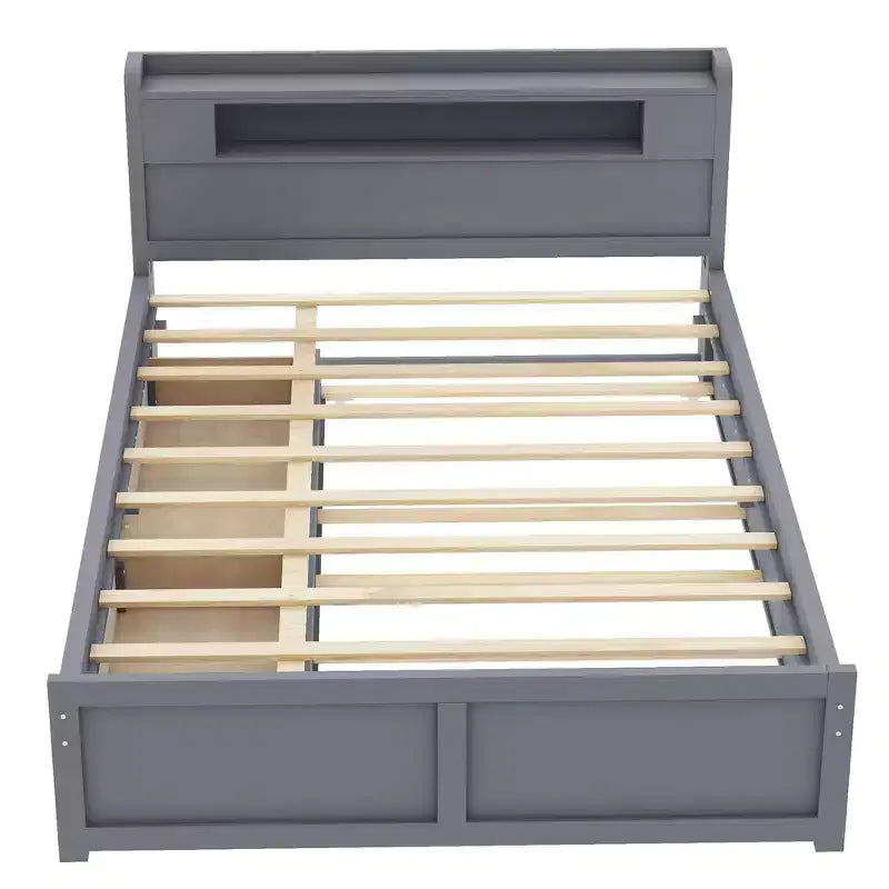 Lit plateforme Queen size avec lit gigogne, 2 tiroirs de rangement et tête de lit LED