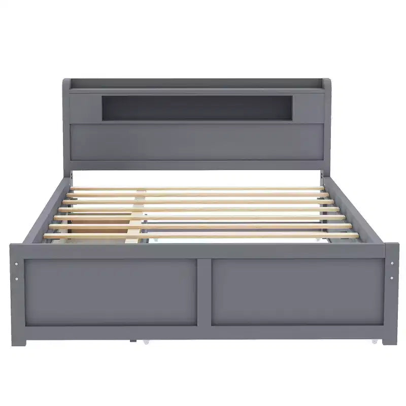 Lit plateforme Queen size avec lit gigogne, 2 tiroirs de rangement et tête de lit LED