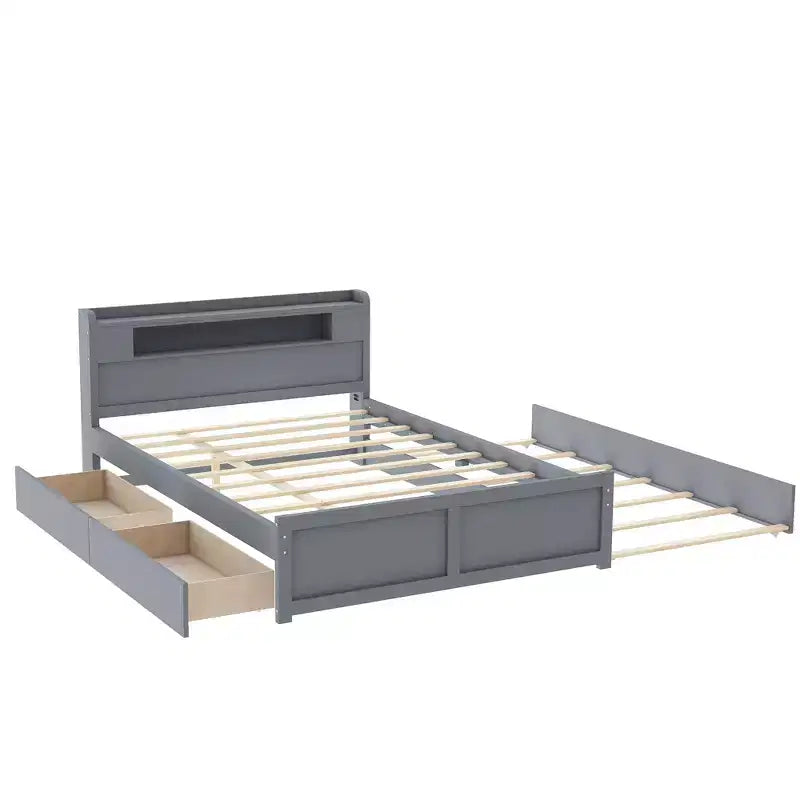 Lit plateforme Queen size avec lit gigogne, 2 tiroirs de rangement et tête de lit LED
