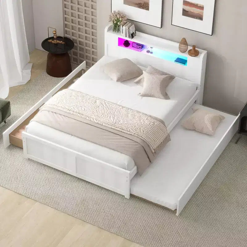 Lit plateforme Queen size avec lit gigogne, 2 tiroirs de rangement et tête de lit LED