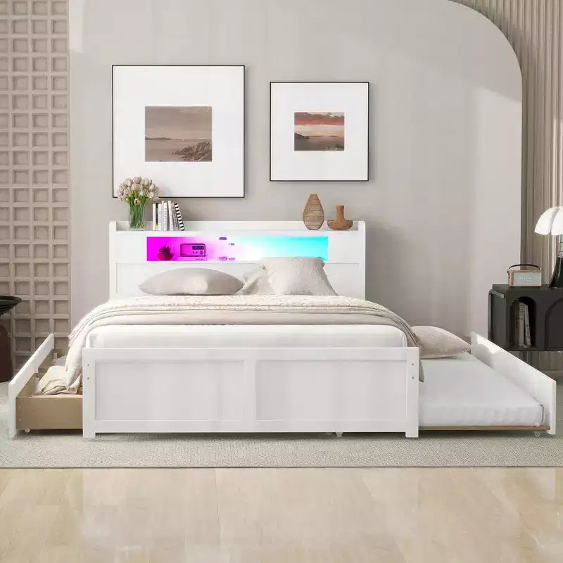 Lit plateforme Queen size avec lit gigogne, 2 tiroirs de rangement et tête de lit LED