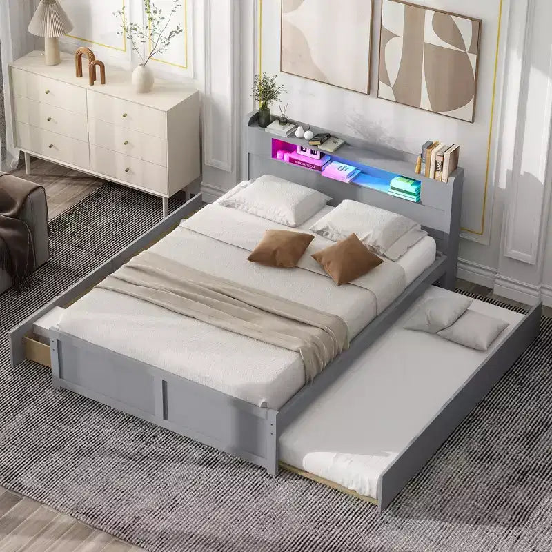 Lit plateforme Queen size avec lit gigogne, 2 tiroirs de rangement et tête de lit LED