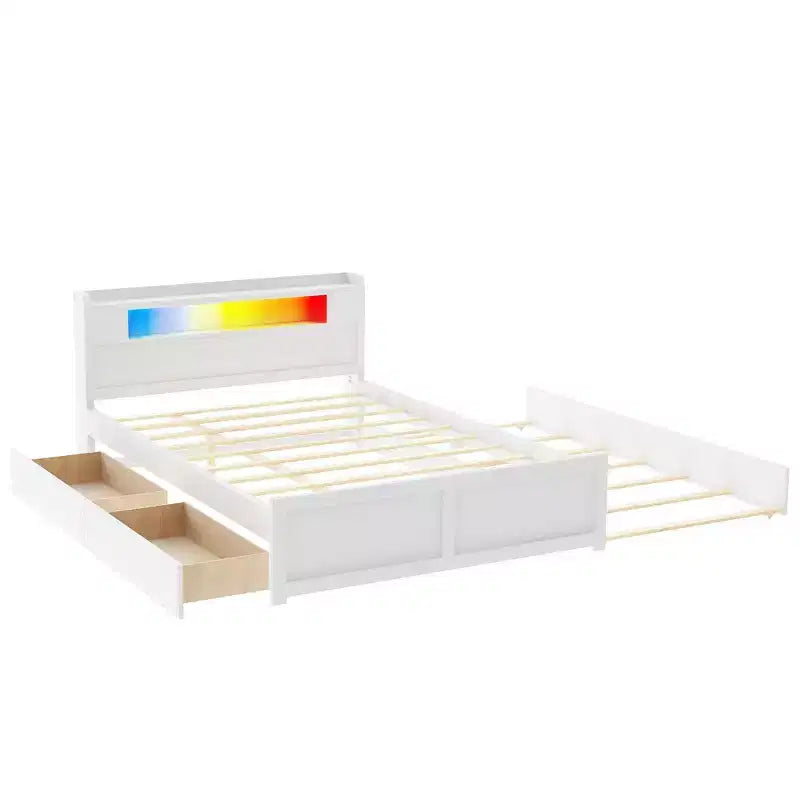 Lit plateforme Queen size avec lit gigogne, 2 tiroirs de rangement et tête de lit LED