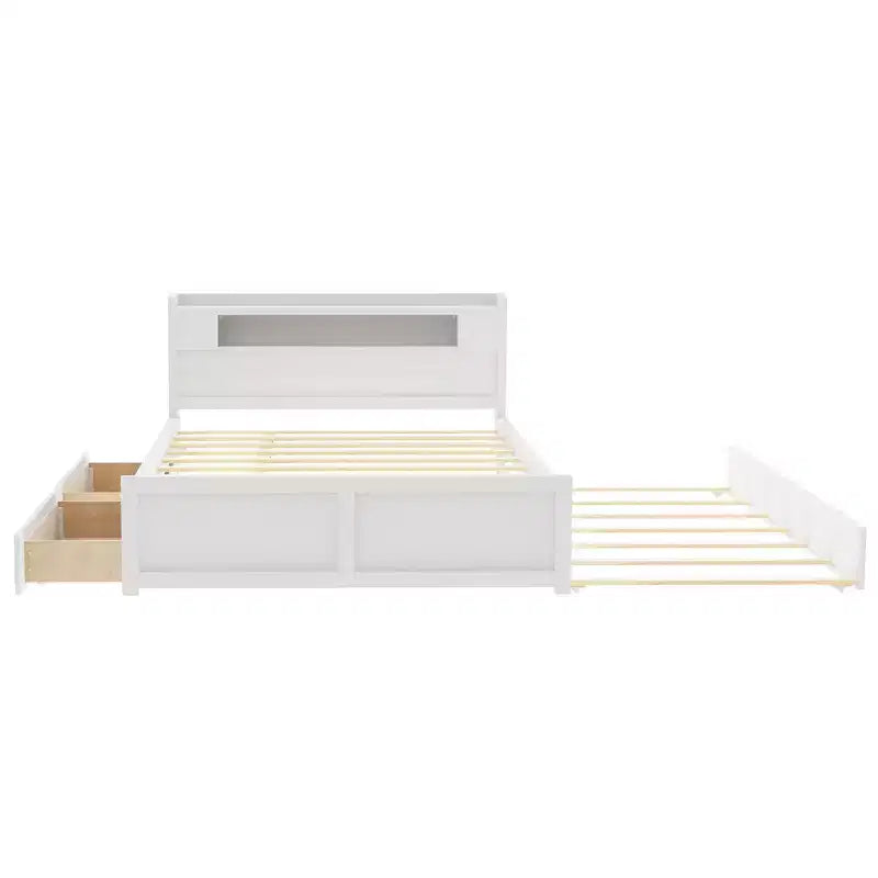 Lit plateforme Queen size avec lit gigogne, 2 tiroirs de rangement et tête de lit LED