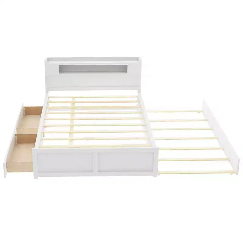 Lit plateforme Queen size avec lit gigogne, 2 tiroirs de rangement et tête de lit LED