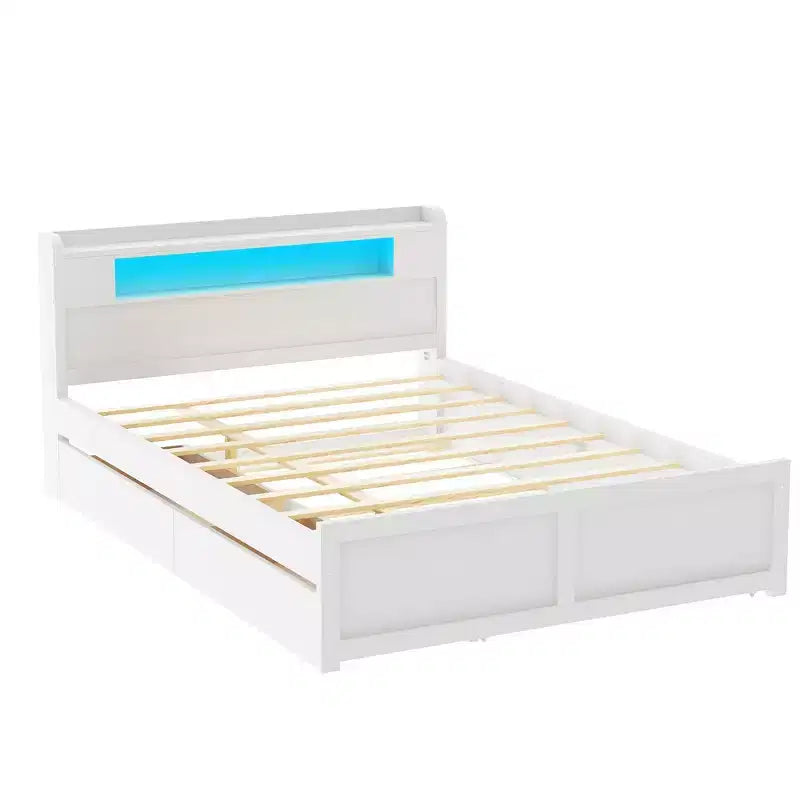 Lit plateforme Queen size avec lit gigogne, 2 tiroirs de rangement et tête de lit LED